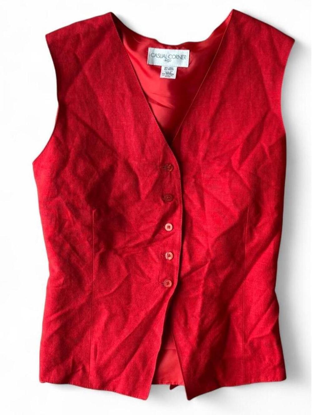 Classic vintage 90s Red linen vest with tie waist